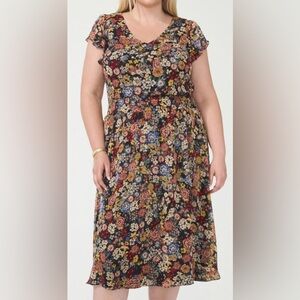 MSK Womens Short Sleeve Floral Midi Fit + Flare Dress